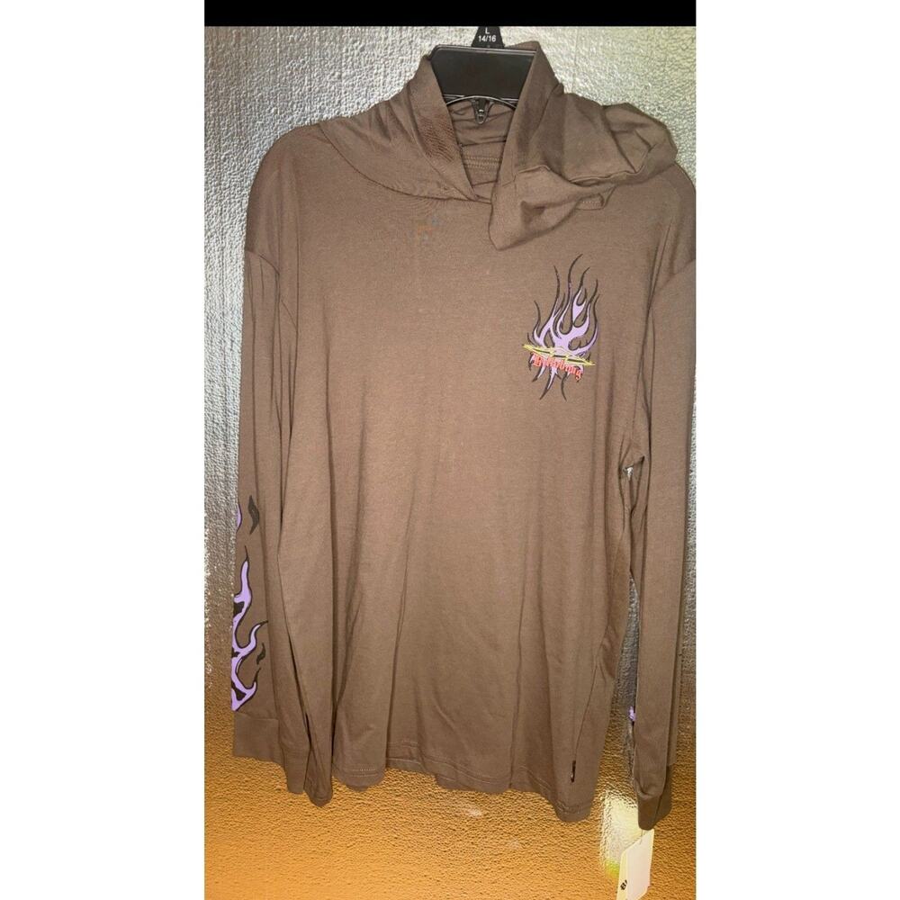 Billabong Brown Flame Graphic Hooded Long Sleeve Shirt Womens Y2K Surf Skate